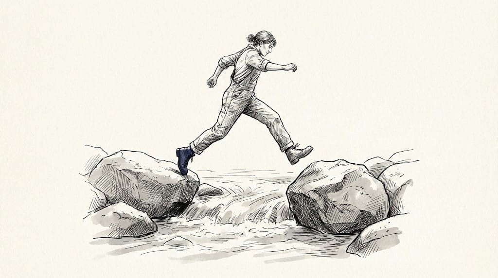 Eine Person springt über einen Bach, von einem Stein zu einem anderen.