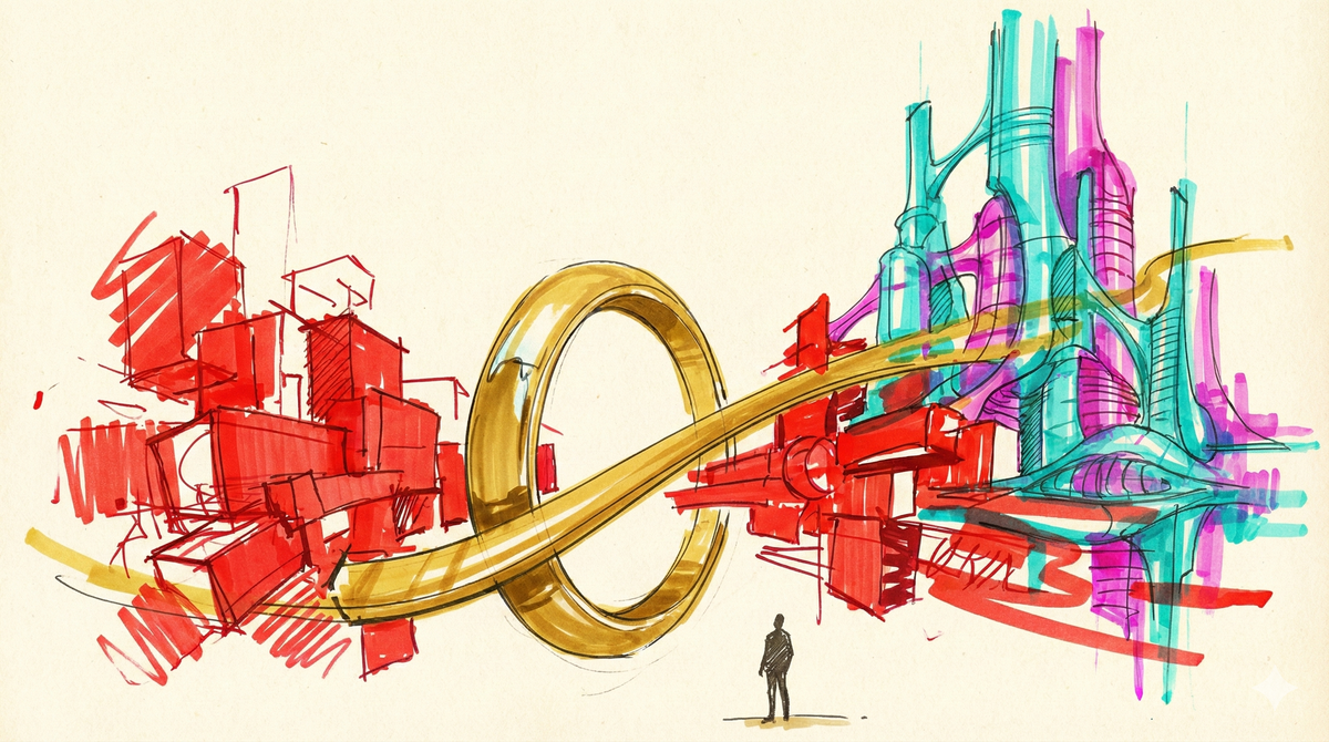 Graphik. In Markerästhetik. Rote Blöcke transformieren sich durch einen Goldenen Kreis zu einer futuristischen Stadt in blau.