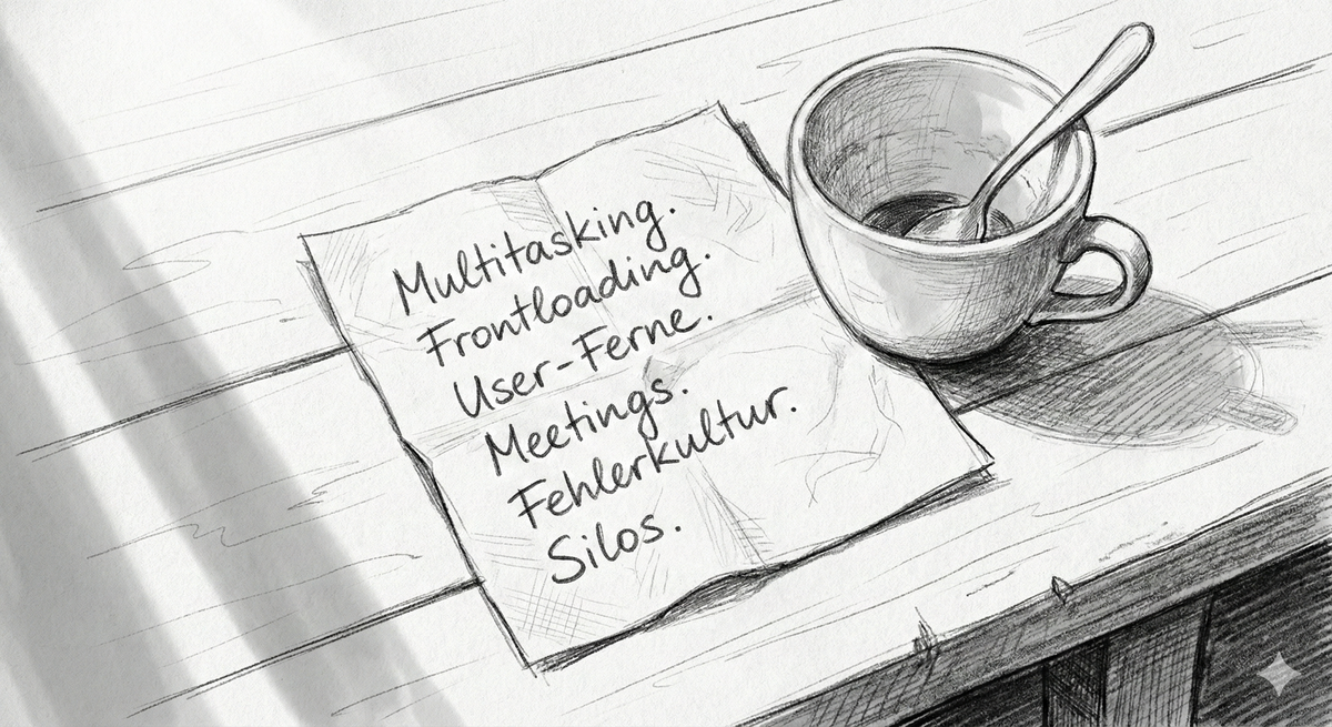 Eine Serviette auf einem Holztisch. Eine halbleere Kaffeetasse daneben. Auf der Serviette geschrieben: Multitasking, Frontloading, User-Ferne. Meetings. Fehlerkultur. Silos.