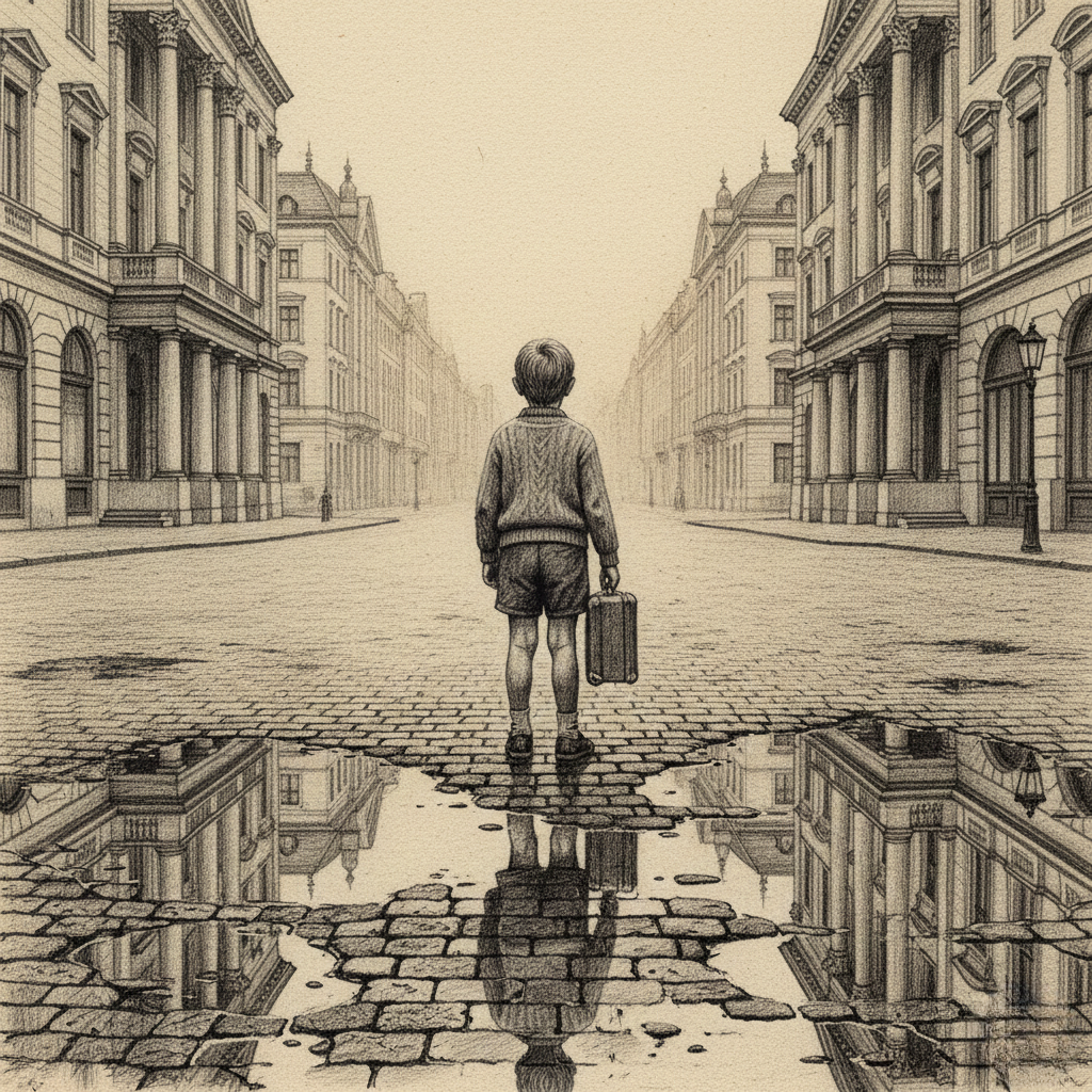 A young boy holding a suitcase in his right hand, is standing on a large empty street. Building left an right form the new classical style - could be a street in Vienna or Wiesbaden.  