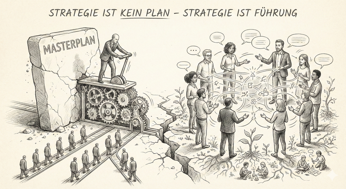 Bleistiftzeichnung. Links ein Mann auf einer Maschine, der Hebel bewegt. Rechts eine Gruppe von Menschen.