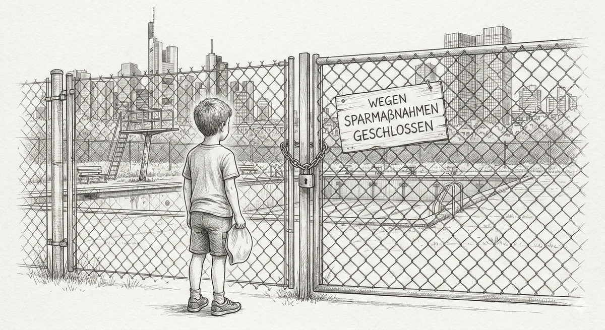 Ein Junge, Bademütze in der Hand steht vor einem geschlossenen Schwimmbad. Bleistiftzeichnung.