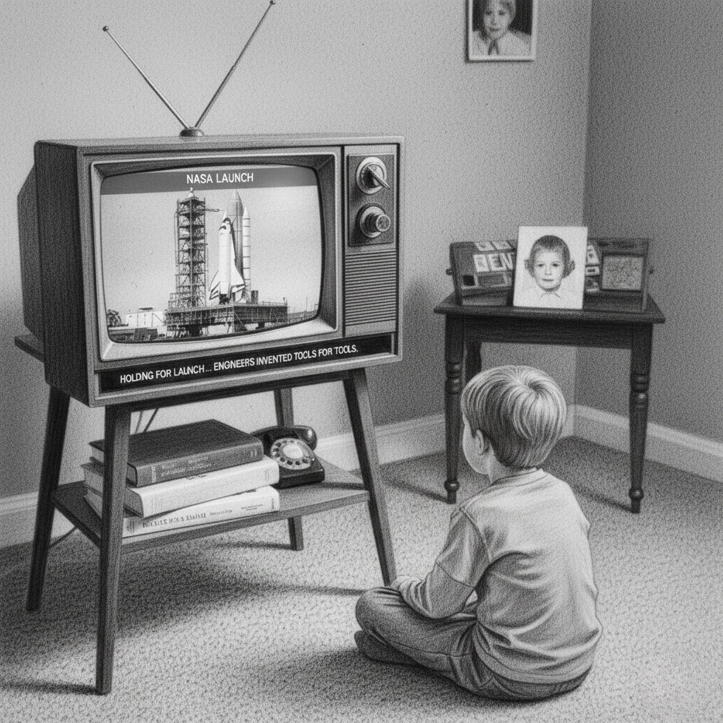 Ein Kind sitzt vor einem Schwarz Weis Fernseher. Der Fernseher zeigt den Start der ersten Space Shuttle.