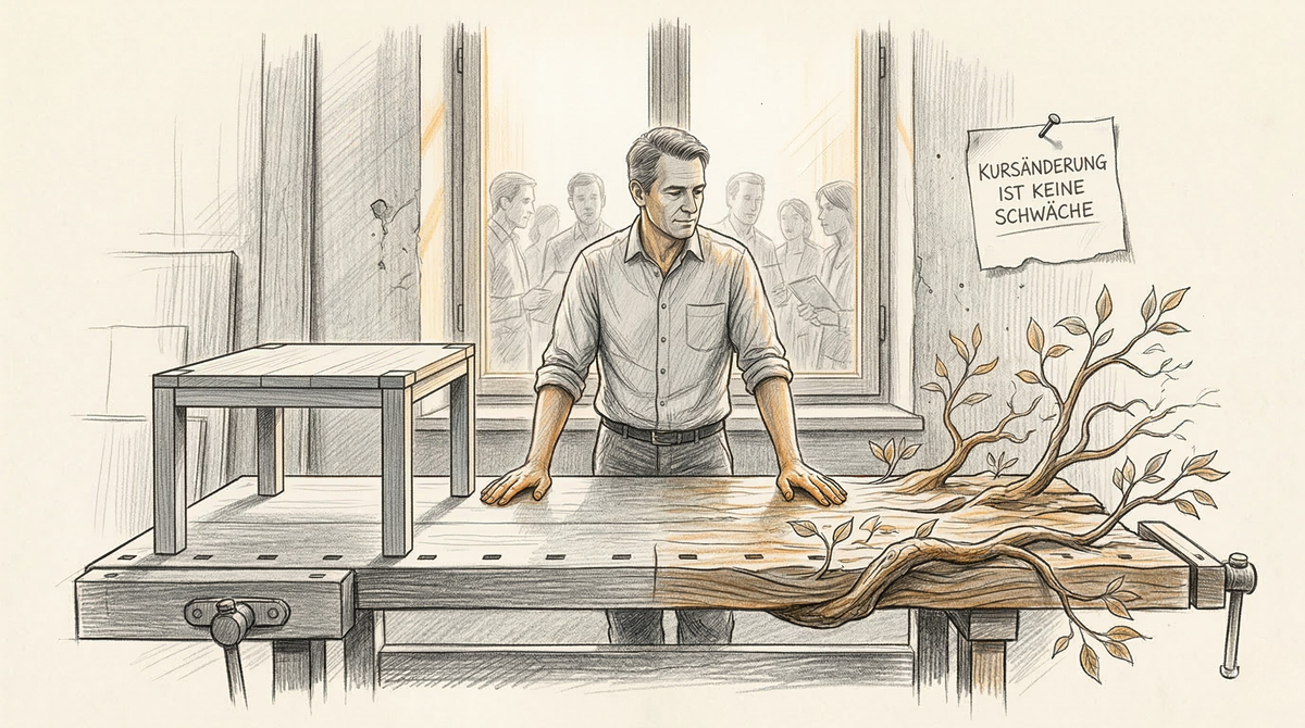 Ein Mann steht hinter einer Hobelbank, aus der Bank wächst ein Baum heraus.