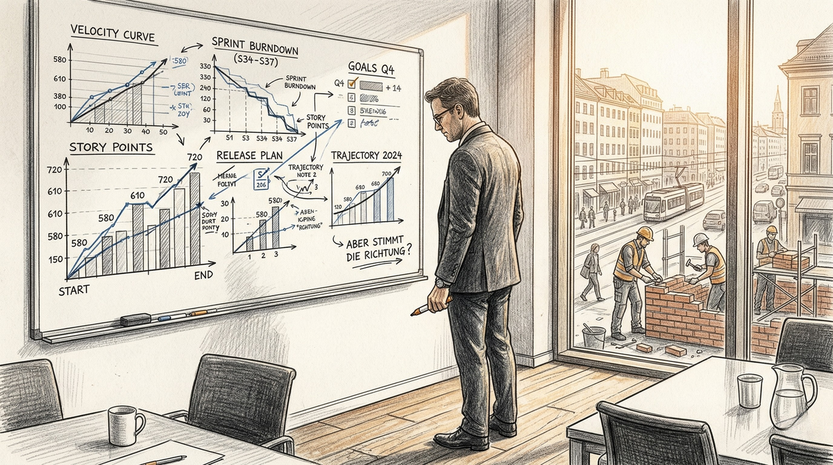 Ein Mann vor einer Wand mit Graphiken. Velocity Charts. Ansonsten ein paar Tische im Raum. Duch das Fenster sieht man eine Stadt.