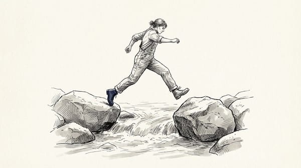 Eine Person springt über einen Bach, von einem Stein zu einem anderen.