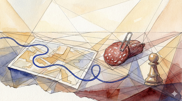 Ein Bild in abstrakten geometrischen Formen. Ein Schur symbolsiert den Kurs. Eine Salami die Strategie. Eine Schachfigur den Akteur.