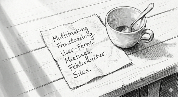 Eine Serviette auf einem Holztisch. Eine halbleere Kaffeetasse daneben. Auf der Serviette geschrieben: Multitasking, Frontloading, User-Ferne. Meetings. Fehlerkultur. Silos.