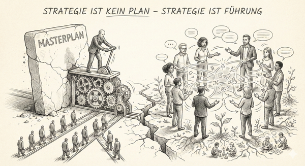 Bleistiftzeichnung. Links ein Mann auf einer Maschine, der Hebel bewegt. Rechts eine Gruppe von Menschen.