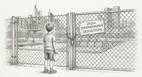 Ein Junge, Bademütze in der Hand steht vor einem geschlossenen Schwimmbad. Bleistiftzeichnung.