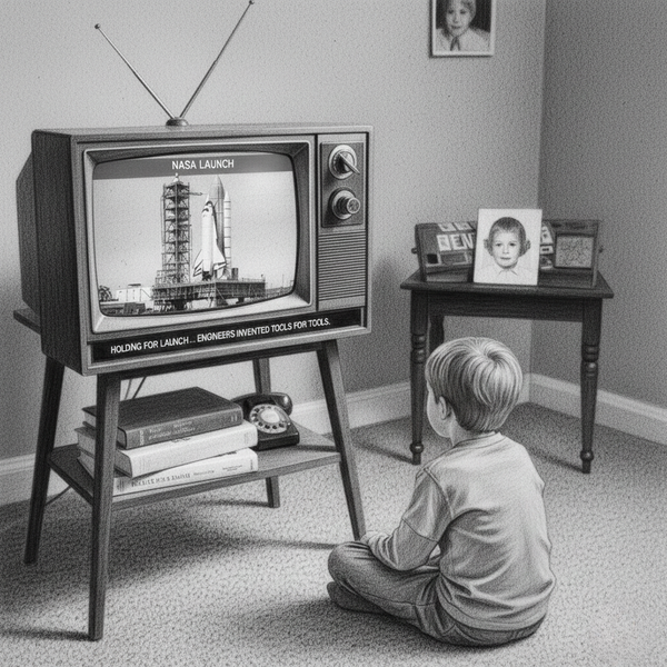 Ein Kind sitzt vor einem Schwarz Weis Fernseher. Der Fernseher zeigt den Start der ersten Space Shuttle.