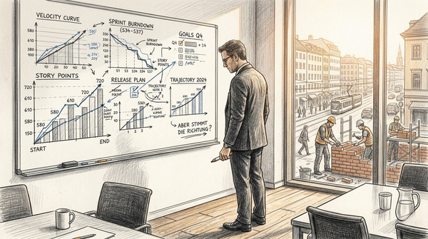 Ein Mann vor einer Wand mit Graphiken. Velocity Charts. Ansonsten ein paar Tische im Raum. Duch das Fenster sieht man eine Stadt.