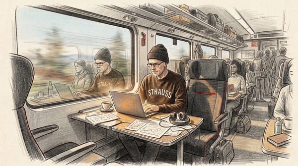 Boris sitzt im Zug und erarbeitet die These für die Dissertation. 